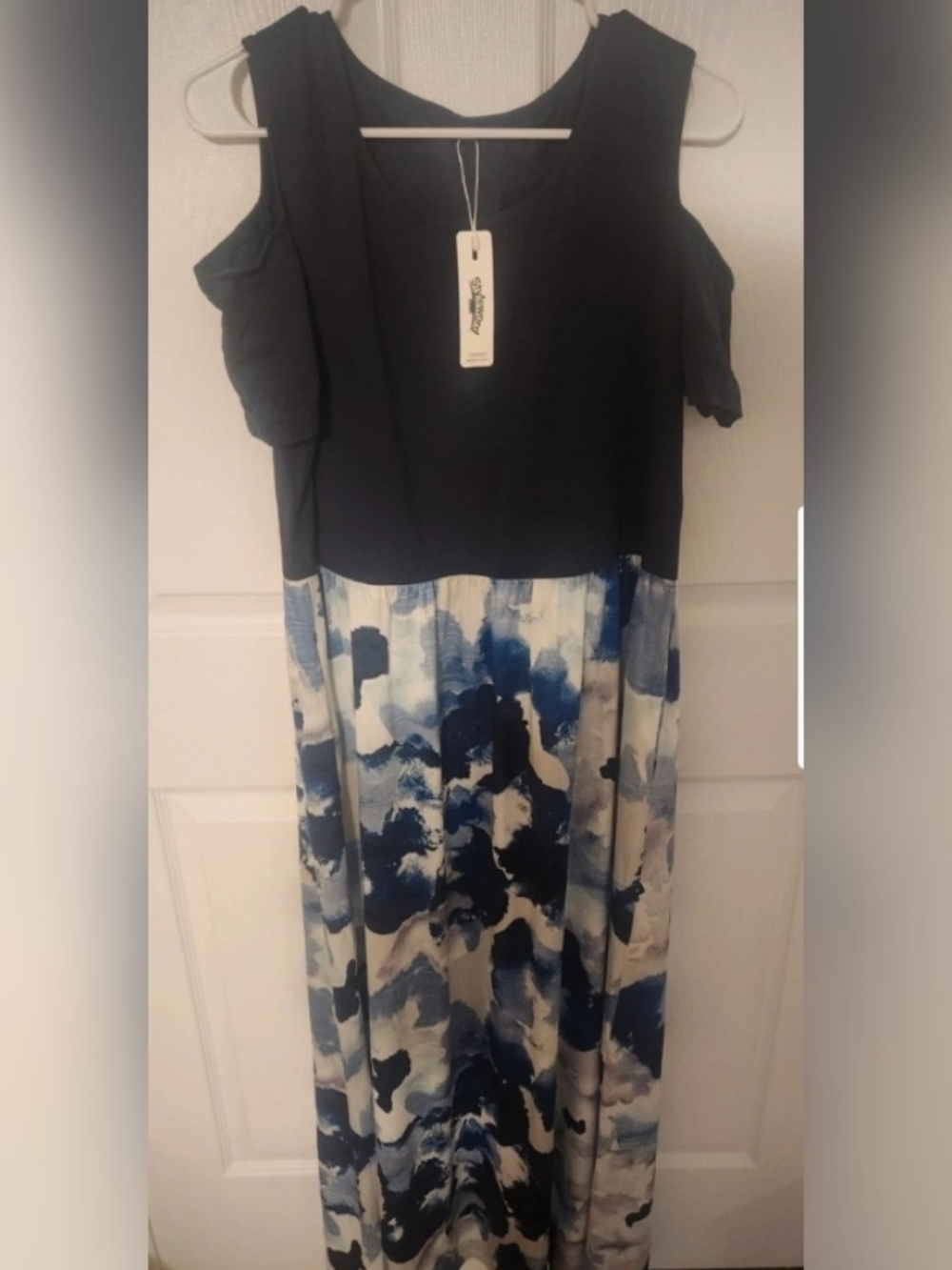 Women’s Navy Cold-Shoulder Maxi Dress with Blue Abstract Print